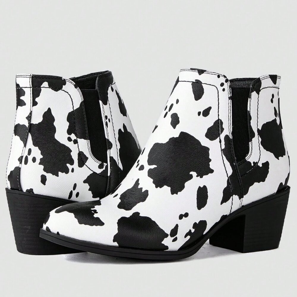 Cow Print Western Women's Low Heel Pull On Ankle Cowboy Boots